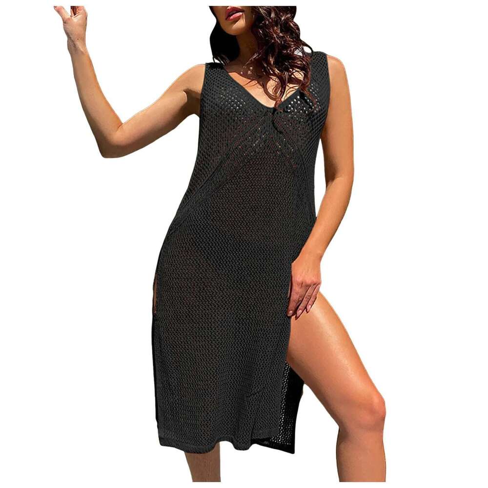 Crochet Women Swimsuit Sleeveless Hollow Out Long Swim Split Mesh Beach Dress Cover Up For Womens Bathing Suit Km-Ly