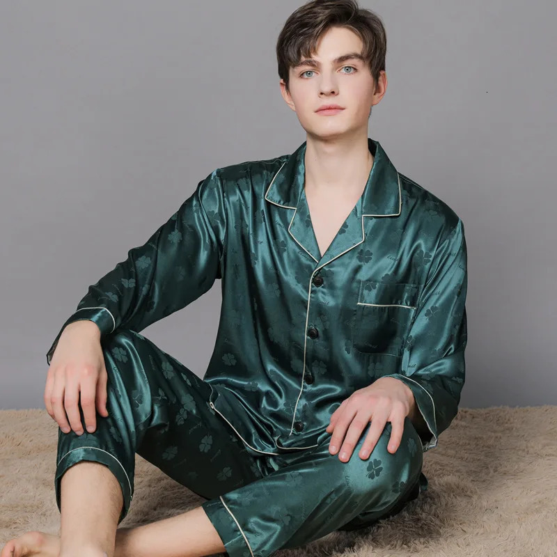 Men Ice Silk Pajamas Suit Summer Plus Size Satin Thin Plaid Pyjamas Male Home Clothes Fashion Print High Quality Sleepwear Boy 250304