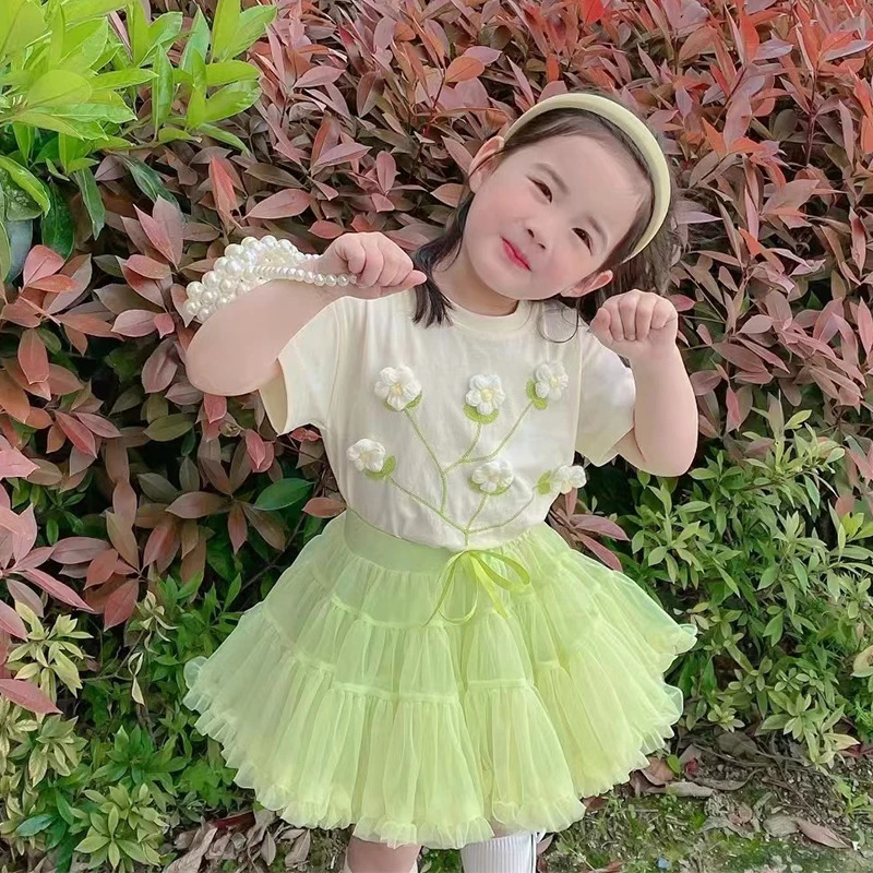 2 3 4 5 6 7 8 Years Girls Clothing Sets Summer Flower Tops And Tutu Skirt Little Princess Baby Suits Birthday Party Kids Clothes 250304