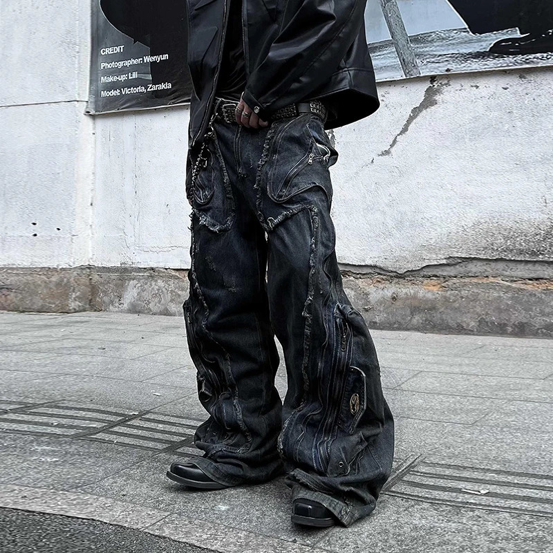 PFNW Niche Shaped Deconstructed Stained Straight Jeans Mens High-end Spring Casual Wide Leg Pants Denim Trousers 12C1592 250304