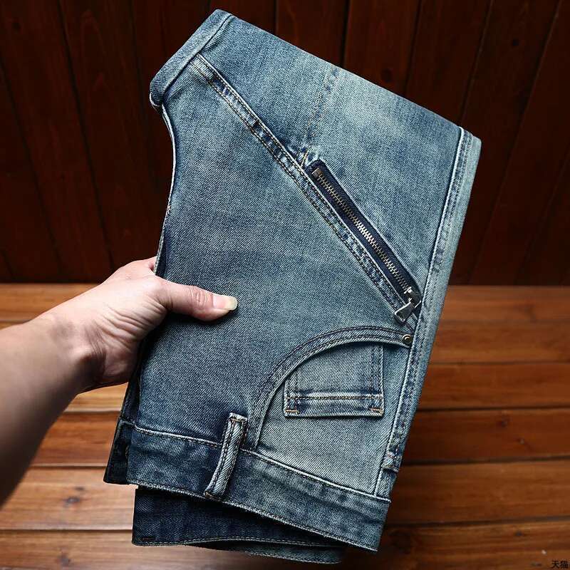 Street Style Zipper Design Motorcycle Jeans For Trendy Wild Stretch Slim Fit Skinny 2024 New Retro Trousers Men