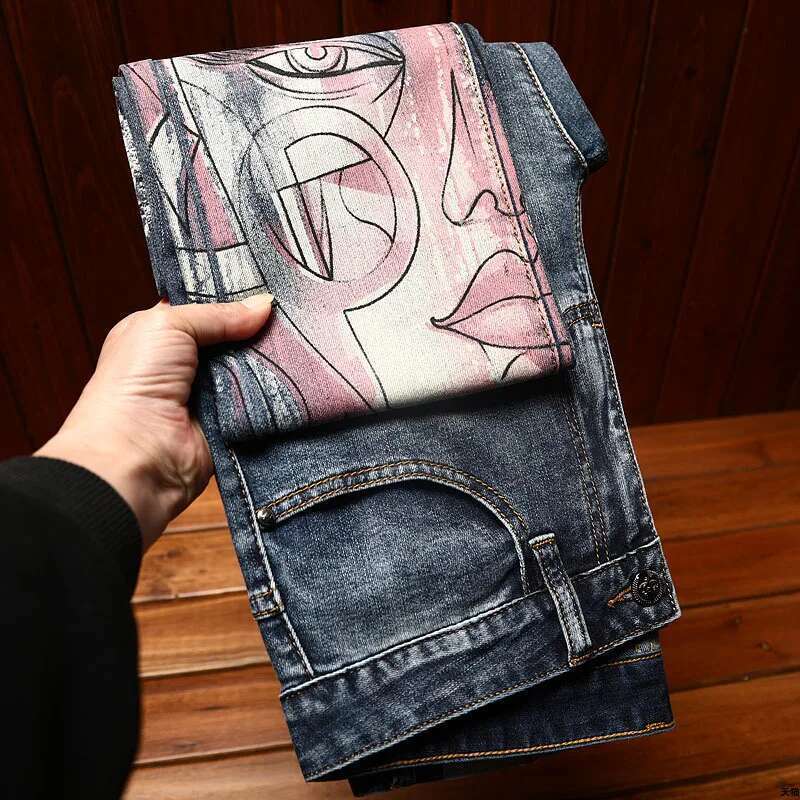 High-Grade Printed Fashion Jeans Men's Slim Fit Light Casual Trend Washed Stretch Denim Long Skinny Pants