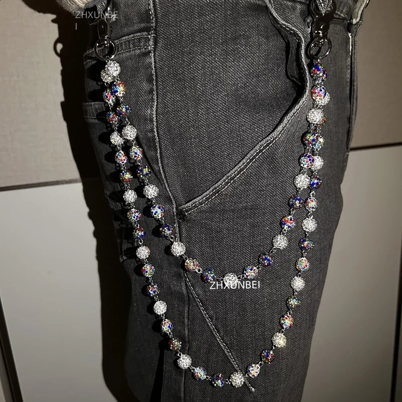1pc Hip Hop Jewelry Wallet Chain 10mm Disco Rhinestone Cluster Ball Beads Pendant Bag Jeans Pocket Belt Chain 250303