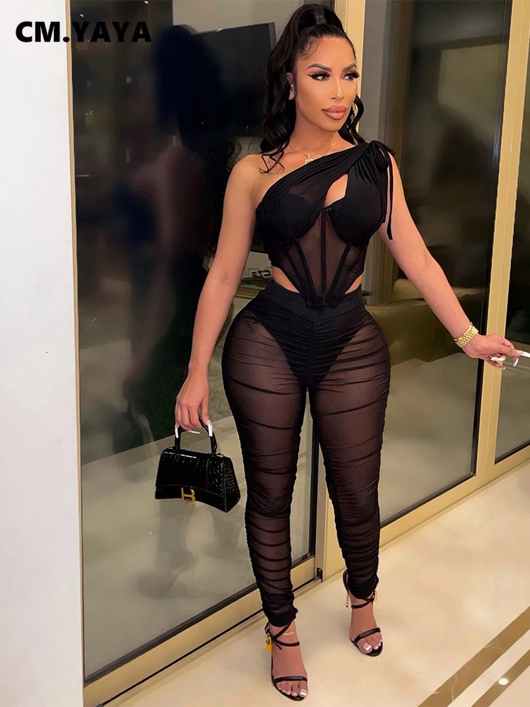 CM.YAYA Mesh See Though Womens Set One Shoulder Sleeveless Crop Top and Stacked Pants Suit Two 2Piece Set Outfit Tracksuit 250304