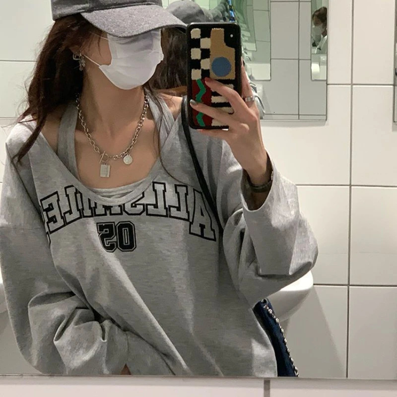 Y2k Baggy Halter Two Piece Sweatshirt Women Letter Print Loose Aesthetic Hoodies Women Retro Fashion Casual Streetwear Tops 250304