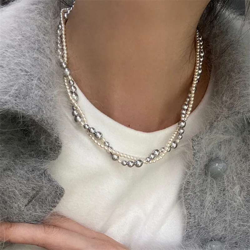 Fashion Imitation Pearl Wrapped Double Layer Magnetic Buckle Neck Chain Choker Necklace Jewelry Gift