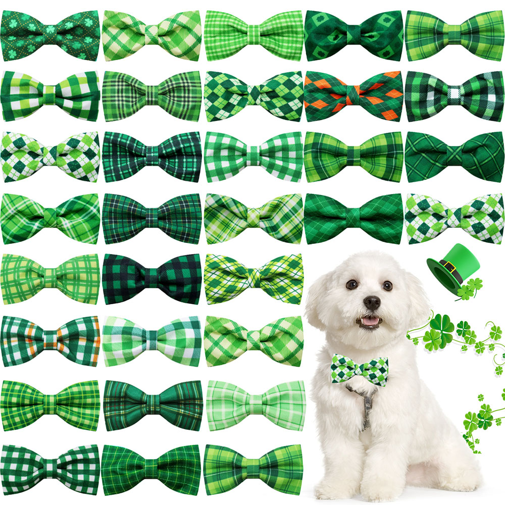 10PCS Green Plaid Style Dog Bow Ties With Elastic Bands Removable St. Patrick's Day Dog Bowties Collars Pet Accessories For Dogs