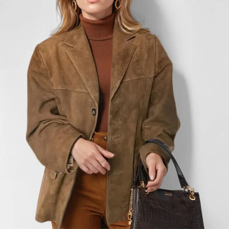 Casual Brown Lapel Pocket Suede Leather Jacket Fashion Woman Single Button Long Sleeve Crop Coat Lady Autumn Street Outwear 250304