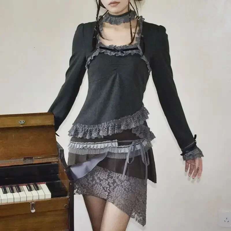 2024 Autumn Long Sleeve Square Collar Patchwork Lace Hottie Tunic Tees Irregular Vintage T-Shirt Y2k Tops For Women Ropa Mujer