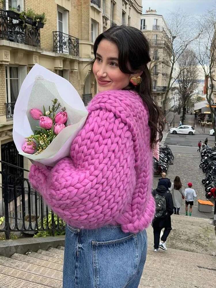 Twist Knitted Cardigan Women Thick Long Sleeve Elegant Solid Color Casual Sweater 2025 Spring Autumn Loose Short Chic Outwear