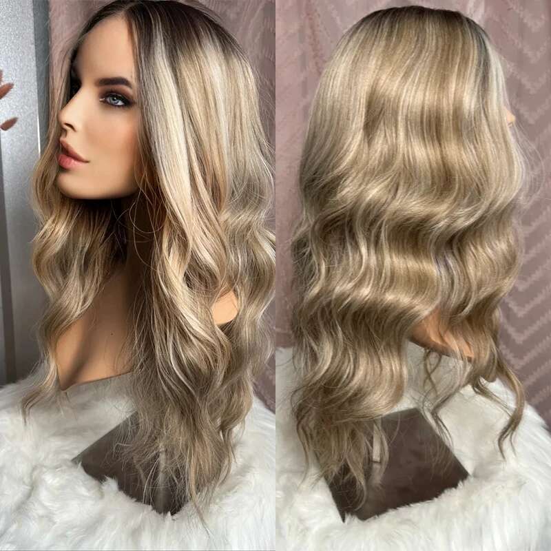 Ombre Ash Blonde Highlight 13X4 Synthetic Hair Front Wigs For Women Dark Roots 26Inch Long Body Wave HD Lace Wig Wear To Go