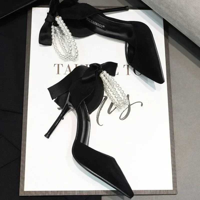 Wen 2023 Brand Spring Wens Pumps Pointed Toe Solid Wood Beads Butterfly Knot Buckle Shallow Mouth Novel High H Y250304