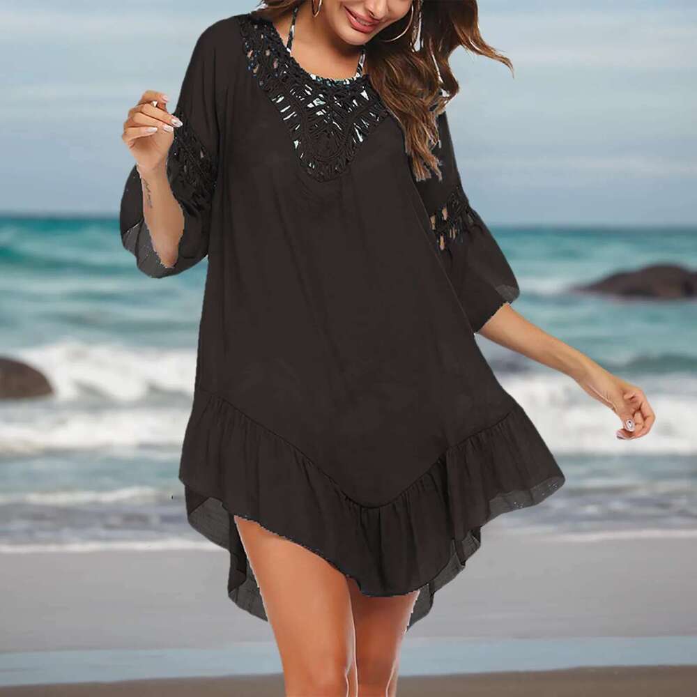 Solid Summer Tassels Beach Bikini Cover-Ups Women Dress White Swimsuit Swimwear Bathing Suit Loose Tunic Shirts Pareo Cover Ups Km-Ly