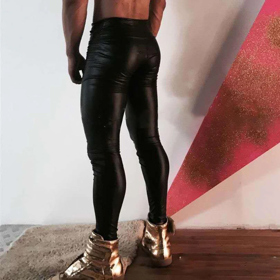 Mens PU leather pants wet appearance slim pockets club clothing stage display stretch latex gloss tight 250304