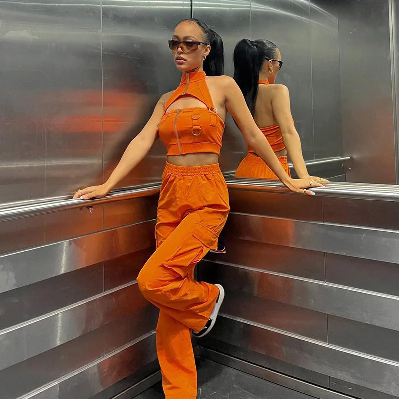 Puloru Orange Baggy Cargo Pants Women Casual High Elasitc Waist Straight-Leg Trousers with Side Pockets Streetwear Sweatpants 250304