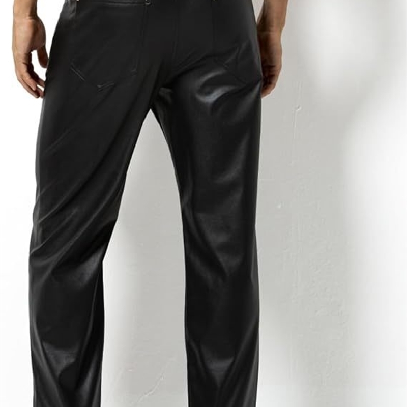 Arjen Kroos Faux Leather Disco Pants for Men Flat Front Straight Leg Casual Trousers 250304