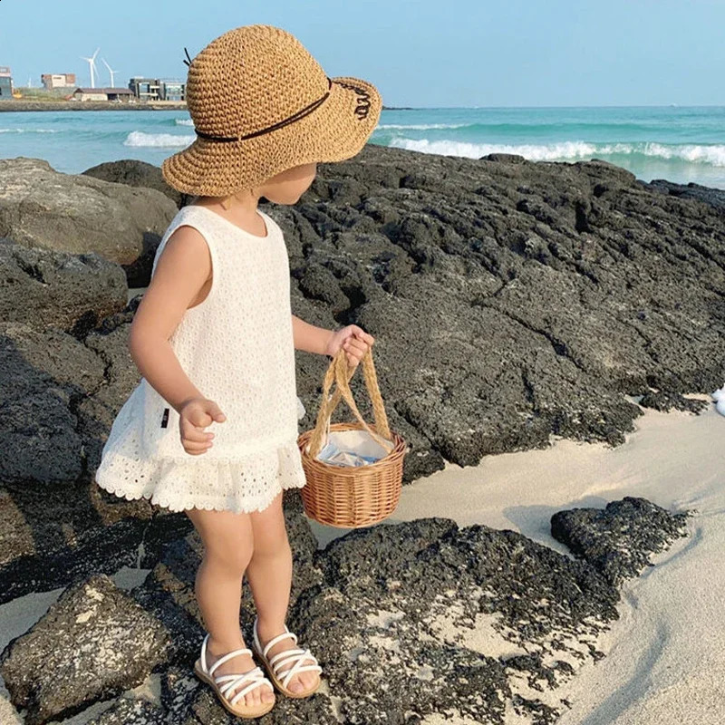 2PCS Kids Sets Summer Girl Clothes Children Hollow Lace Sleeveless Tops Shorts Set Fashion Baby Girl Cardigan Fake Two Suit 250305