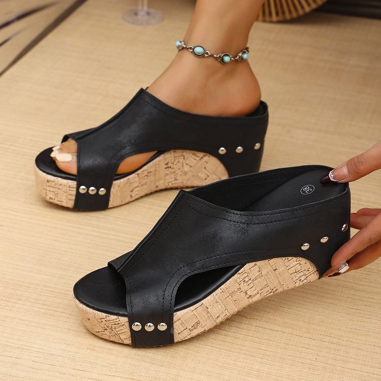 Large 43 Slope Heel Fish Mouth Cool Slippers 2025 Summer Rivet Thick Bottom Beach Open Toe Outerwear Women's Shoes Temu ddmykukumalu