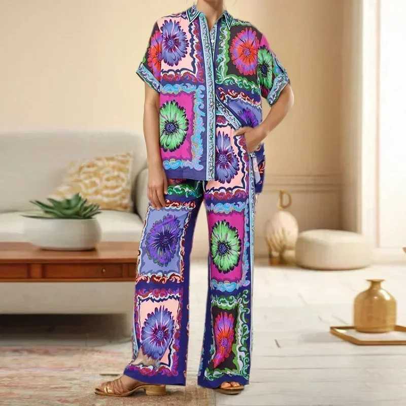 Fashion Women New Two Piece Sets Elegant Floral Print Single Breasted Shirt Wide Leg Pants Outfits Casual Office Lady Strtwear X250305