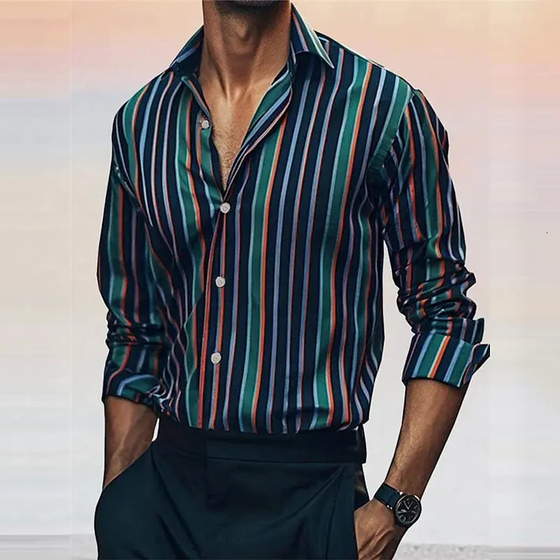 Fashion mens striped shirt stylish casual outdoor long sleeve lapel button soft and comfortable material plus size 250227