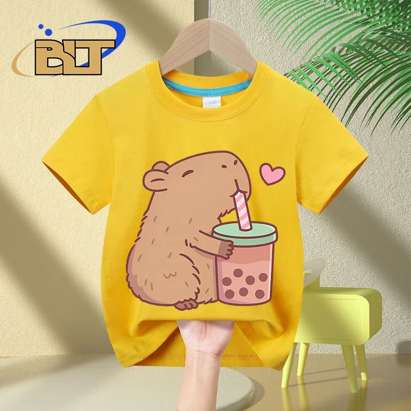 Cute Capybara Loves Bubble Tea print kids T-Shirt summer childrens short-sleeved casual tops boys and girls gifts 250304