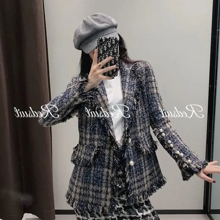 Blazers Women Suit Spring Thickened Slimming Tweed Jacket Small Fragrant Style Mid length Suit Coat Women Tops 250304