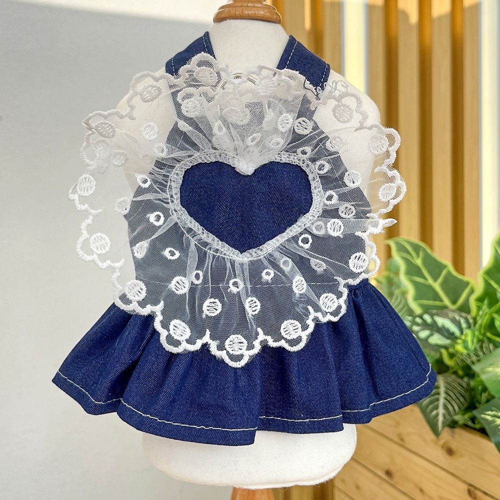 Creative Cute Dog Denim Dresses Fashion Heart Puppy Clothes with Ruffles Pet Princess Dress Spring Summer