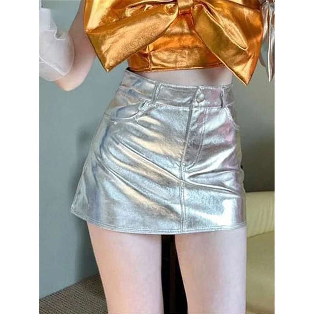3 Summer Autumn Pink Sier Reflective Shiny Patent Leather Mini Skirts for Women High Waist A e Short Sexy Y2K Clothes