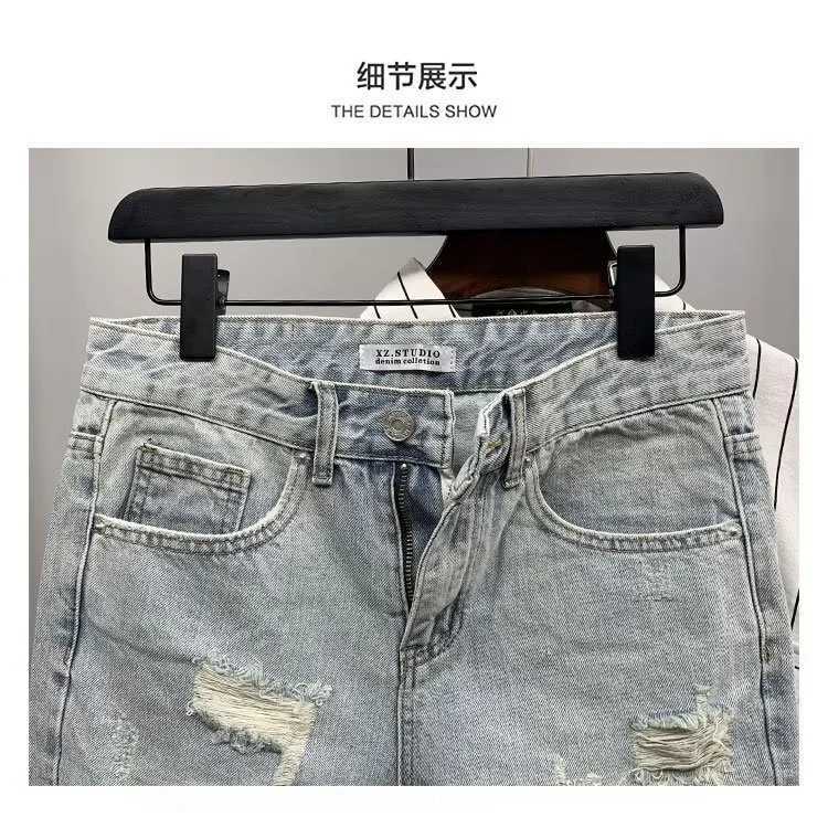 Summer Mens Scratched Broken Denim Shorts Men Fashion Brand Beard Splice Stretch Ripped Short Jeans PantsT250305