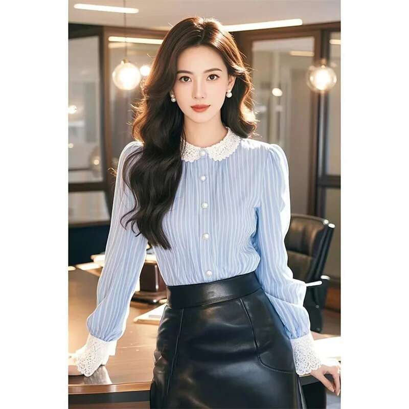 Ladies Spring Summer Temperament A Celebrity Button Striped Peter Pan Collar Women's Shirt Simplicity O-Neck Long Sleeve Top Tee