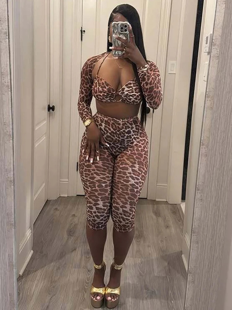 Weird Puss Sexy 3 Piece Set Women Leopard Print Mesh Full Sleeve ShawlBandage Metal Buckle BrPants Street Trend Matching Suit 250304