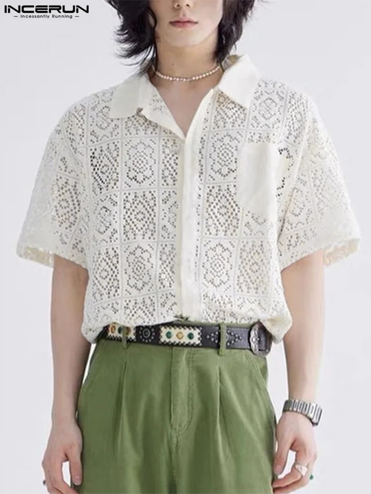 Fashion Casual Style Mens Tops INCERUN Hollow Lace Pane Flower Printed Blouse Male Knitted Short-sleeved Shirts S-5XL 250304