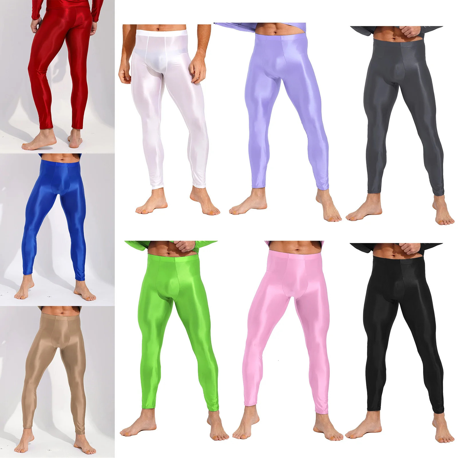 Mens Glossy Oil Tights Long Pants Skinny Leg Trousers Underwear Solid Color Leggings for Exercise Running Gym Fitness Workout 250304