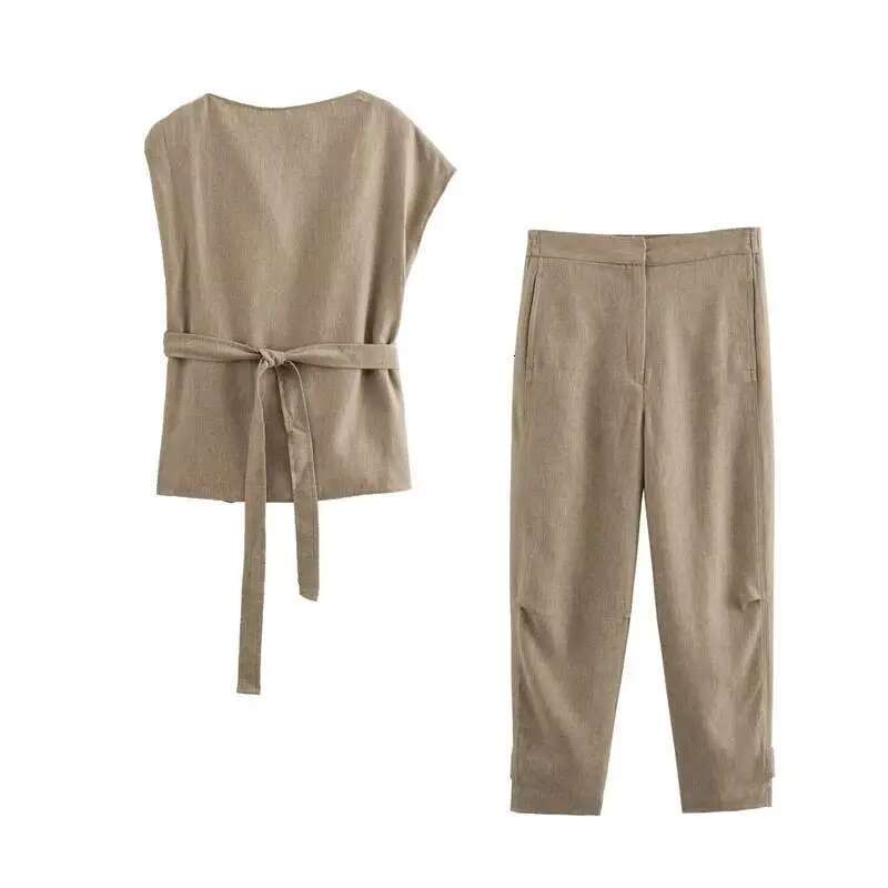 2024 New Women's Summer 2-Piece Elastic Waist Women Pants Sets Street Elegant Fashion Straight Belt Holiday Set