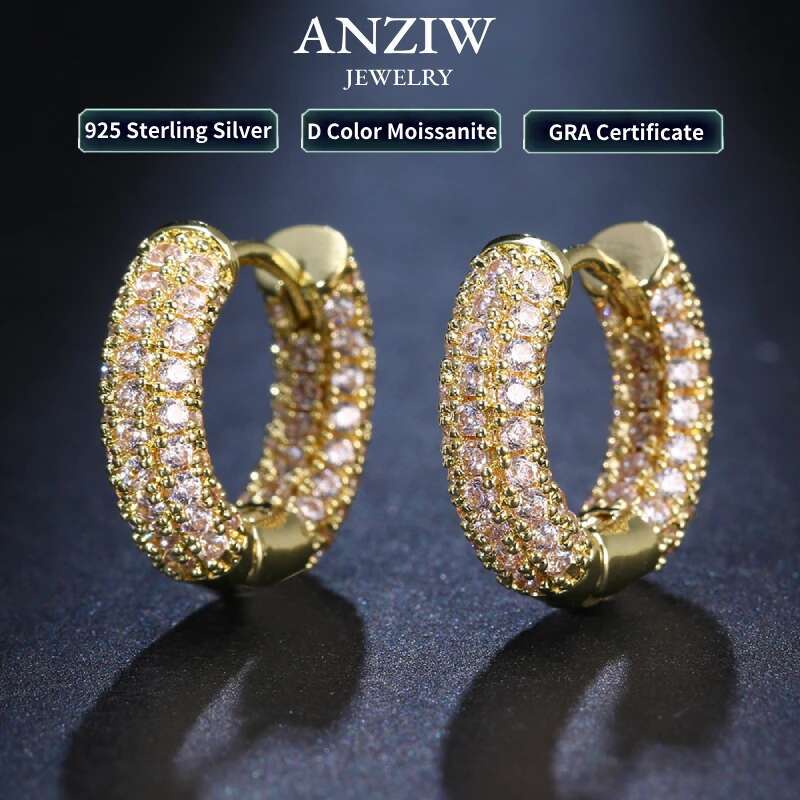 Anziw Micro Paved Full Moissanite Hoops Earrings Sier Dazzg Dia Ear Jewelry for Women Men Party Wedding Gift