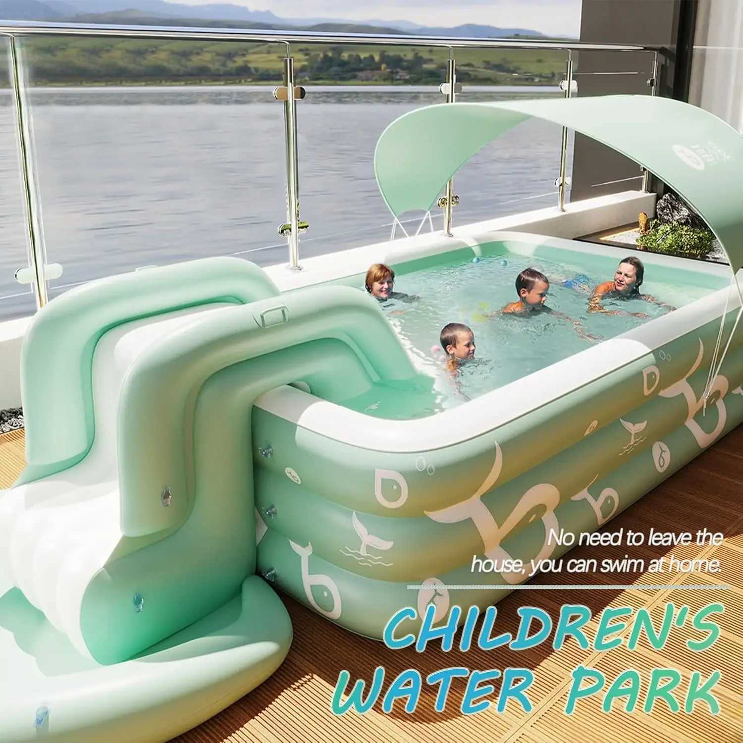 Inflatable Pool with Canopy and SlideLarge Inflatable Swimming Pool for PersonsFamily Pool for Backyard OutdoorXJ250305