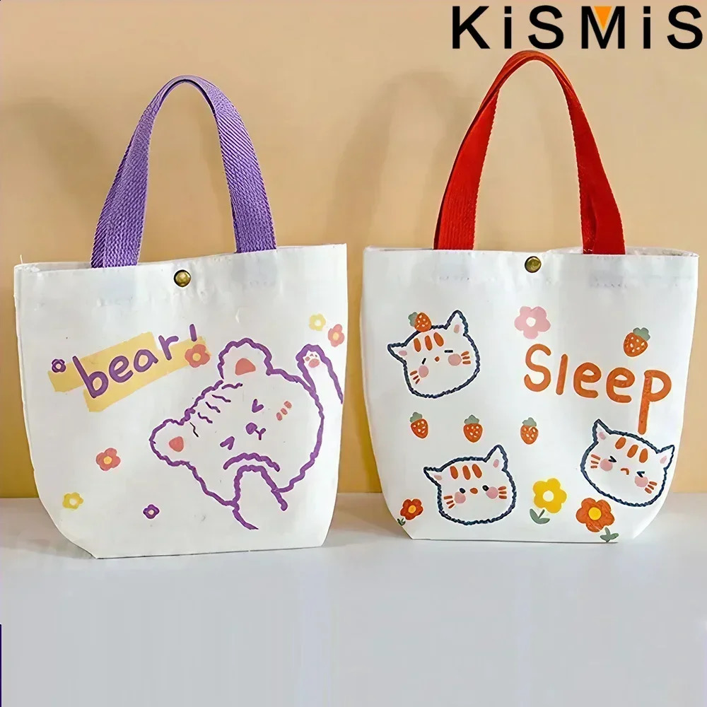 Ship from US KISIMIS Women Mini Cotton Canvas Tote Cute Bear Simple Handbag Shopping Bag Lunch Small Lovely Decoration Storage 250305FBB