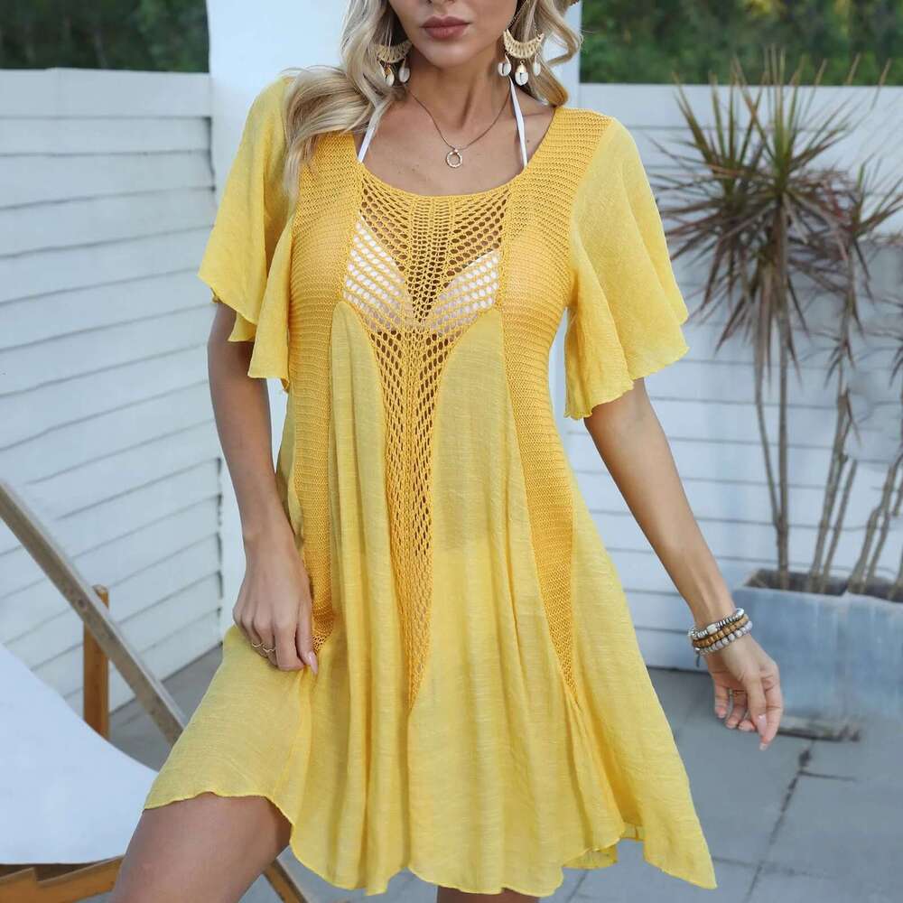 New 2024 Fringe Tassel Embroidery Half Sleeve Tunic Cover Up Cover-Ups Long Dress Beach Wear Beachwear Female Women Km-Ly -Ups