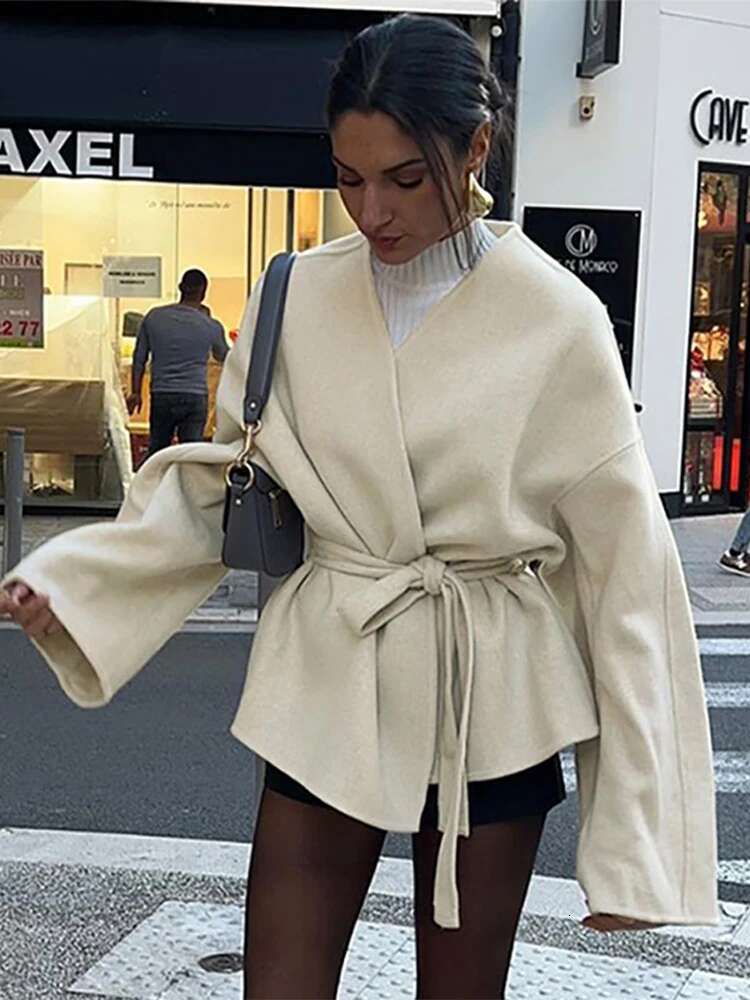 Elegant Woolen Long Sleeve Coat With Belt Women Loose Casual V-Neck Solid Short Overcoat Autumn Vintage Lady Thick Warm Outwear
