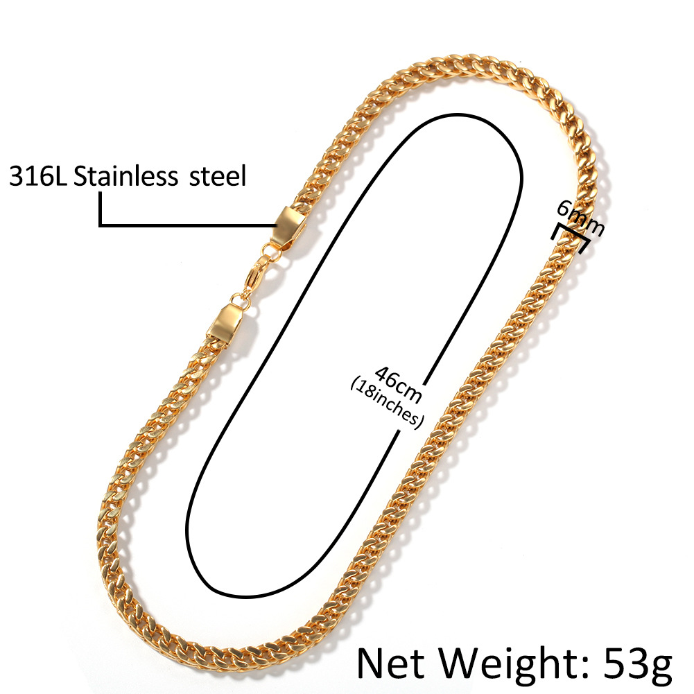 6mm Hip Hop Square Chain Stainless Steel Miami Cuban Chain Necklace Bracelet High Polished Gold Plated Jewelry