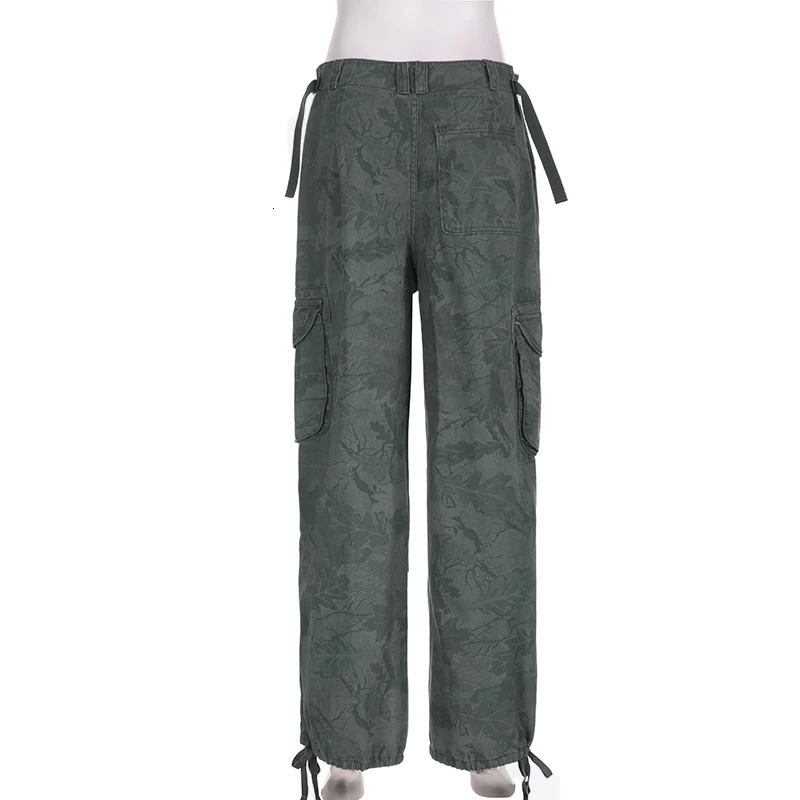 SUCHCUTE American Vintage Camouflage Cargo Jeans High Street Low Waist Denim Pants for Women Streetwear Pockets Hip Hop Trousers 250304
