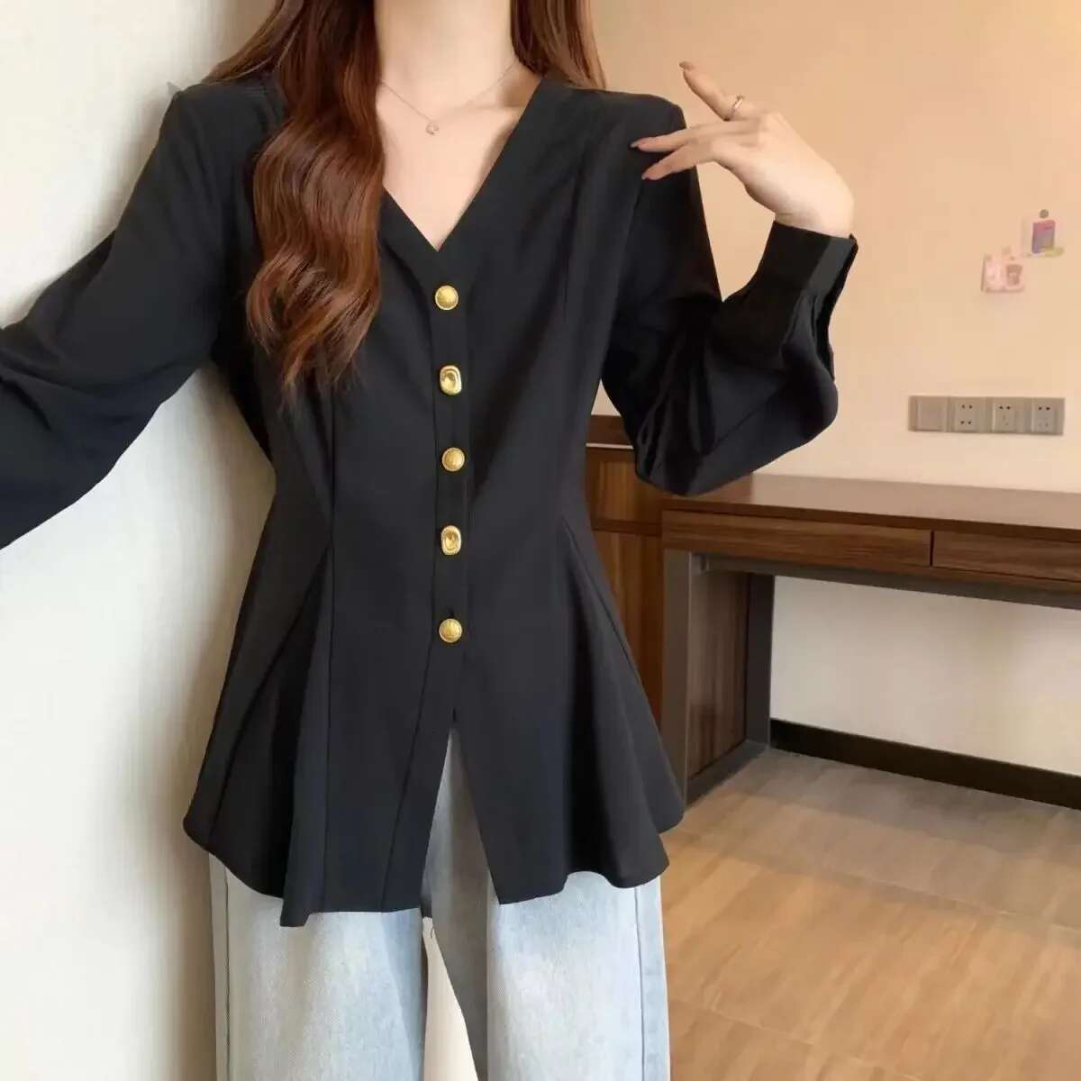 Fashionable V Neck Solid Color Shirt Spring Autumn Casual Commuting Elegant Loose Slimming Blouse Tops Trendy Clothes For Women