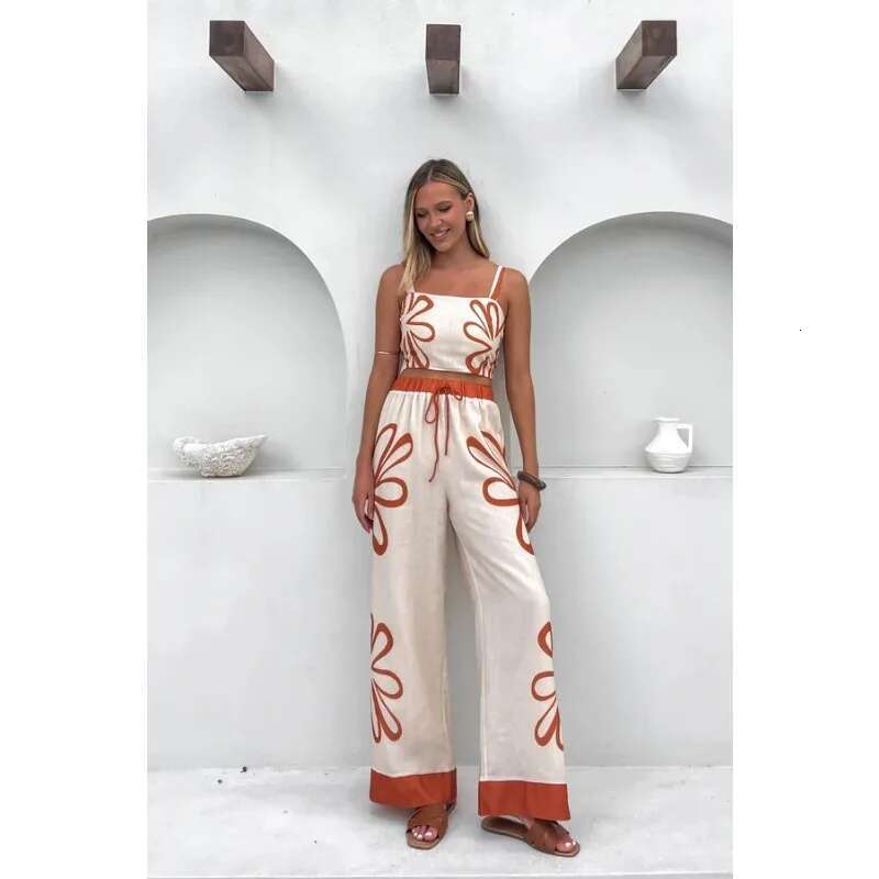 2025 New Summer Casual Women's Fashion Sexy Wer Strap Top Wide Leg Pants Set European And American