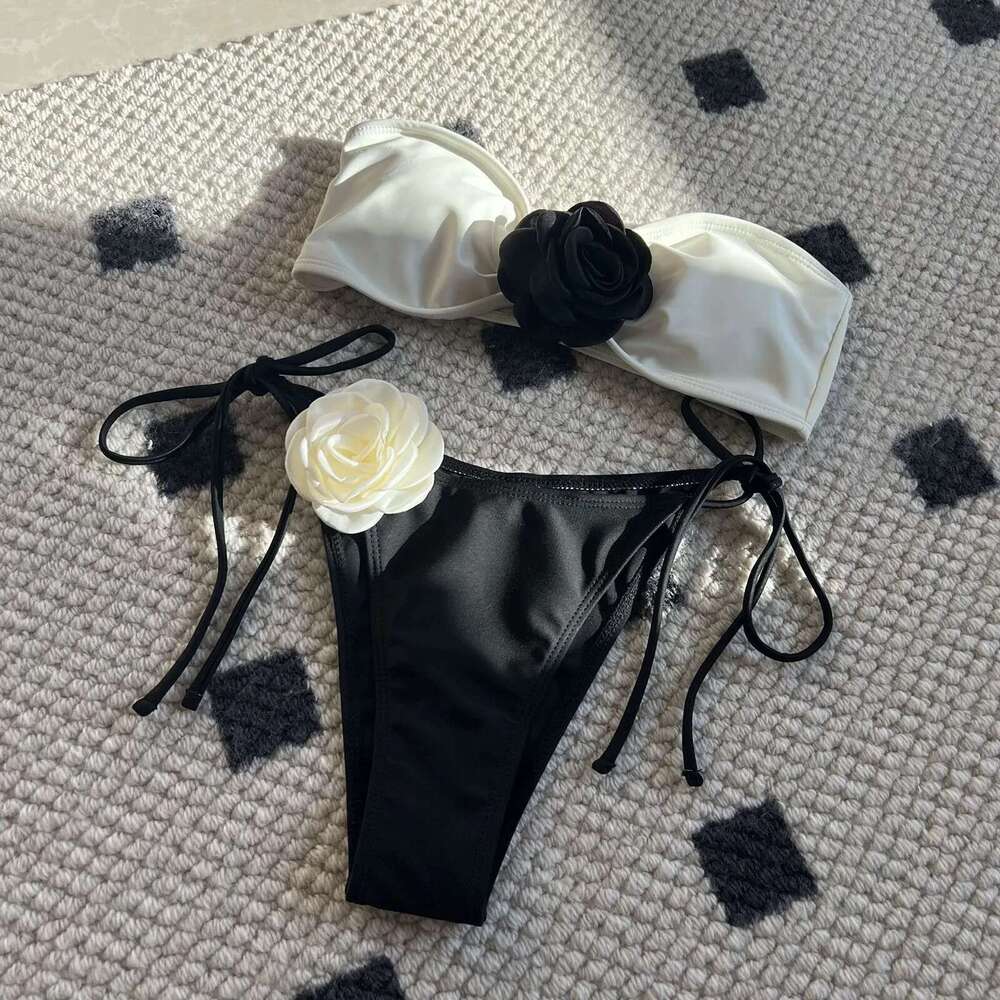 Wer 3D Bandeau Bikini Set 2024 New Sexy Tube Swimwear Women Striped Black Swimsuit Mini Bathing Suit Km-Ly