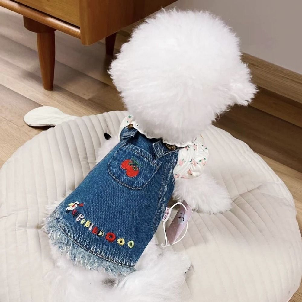 Creative Cute Pet Cherry Jeans Skirt With Pattern Washable Dog Denim Dress Reusable Pet Clothing Spring/Summer