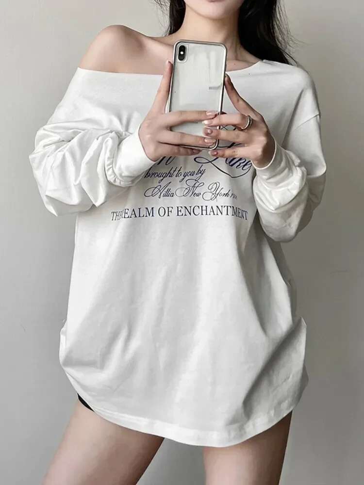 Y2k Aesthetic Casual Off Shoulder T-Shirt Loose Letter Printing Haruku Tshirts Grunge Vintage Streetwear Oversized Tee Shirts