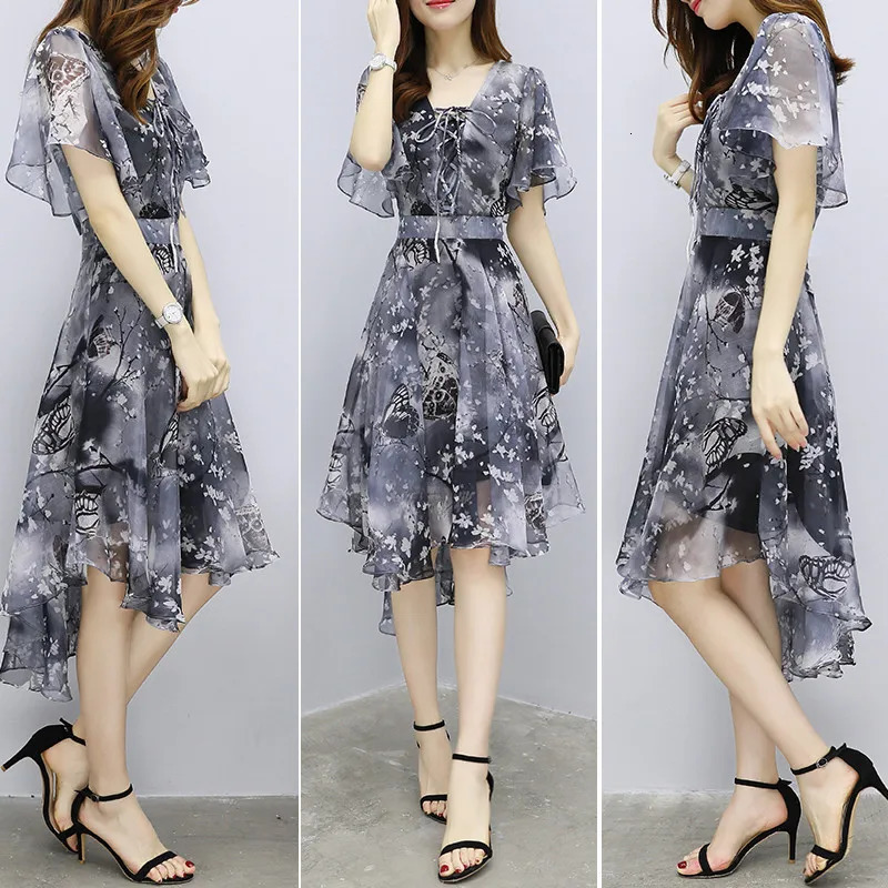 Womens fancy chiffon dress 2024 womens elegant Vneck short sleeved Korean summer 250304