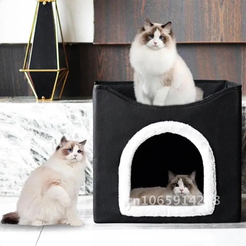 Indoor Dog House Soft Cozy Foldable Cat Cube Sleeping Warm Layer Kennel Double Condo Cats Small Nest For Cat Medium House