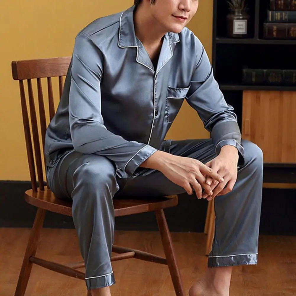 Ice Silk Pajamas Set Pullover Summer Long-sleeved Thin Silk Pajamas for Men Casual Homewear Suit Sleepwear Top Pants Clothing 250304