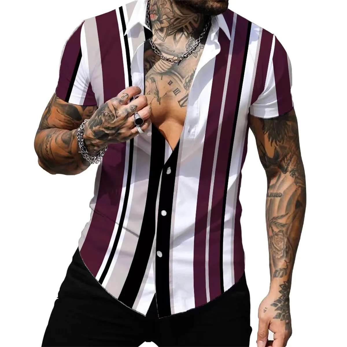 Striped colored shirt casual outdoor street party mens highquality button down Tshirt short sleeved 2023 250227Z
